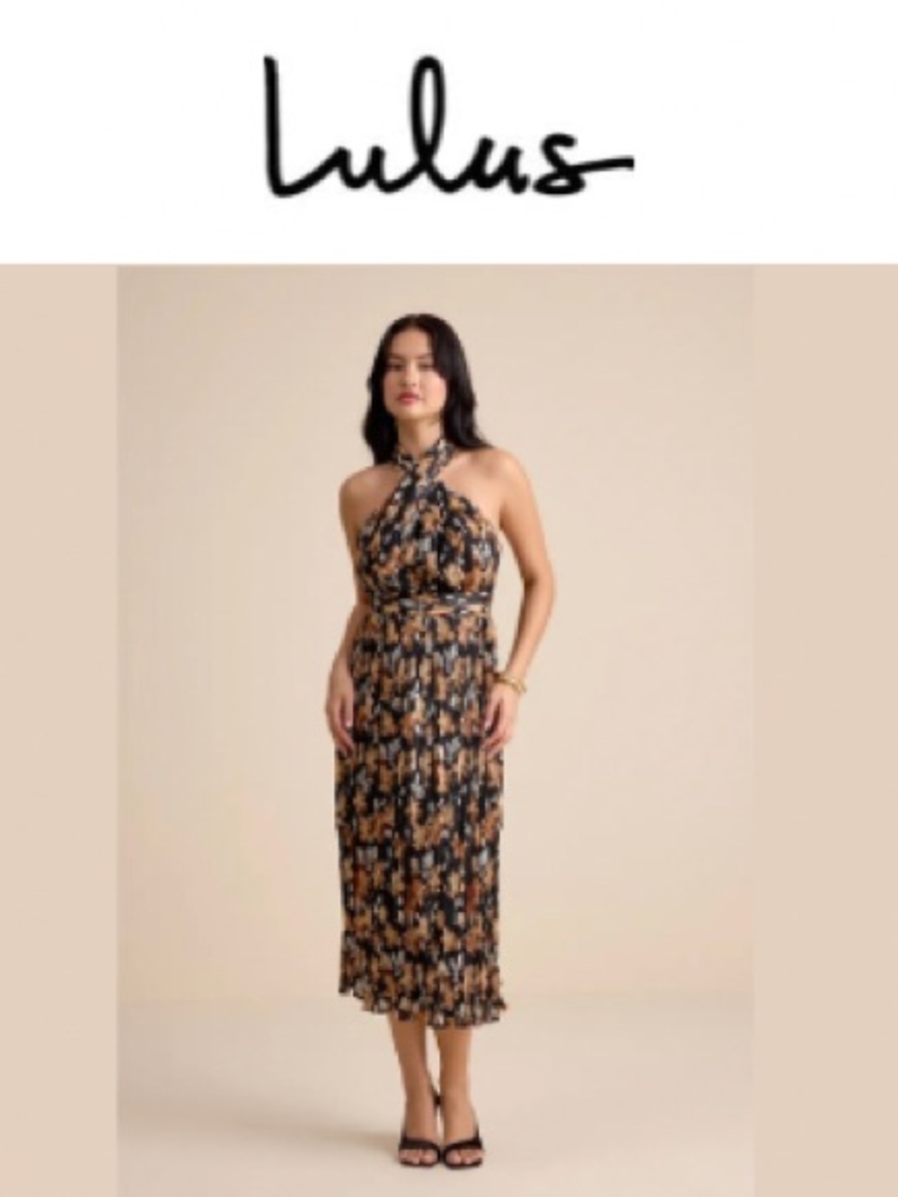 🆕Lulu's Black & Tan Floral Halter Midi Dress